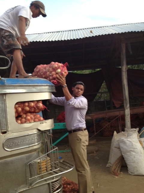 Mauri Miller (law student) helping to unload onions from Kalasag cooperative.