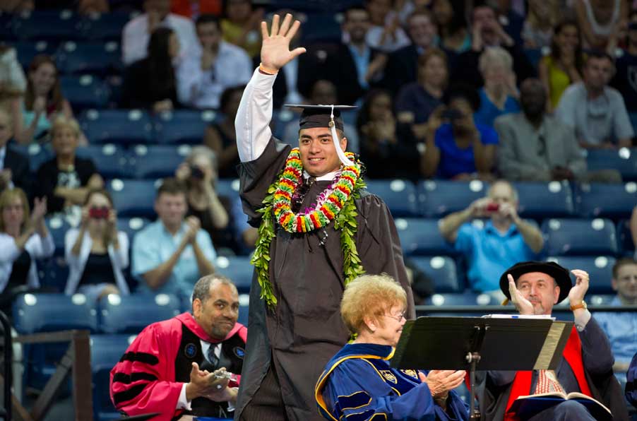 May 19, 2013; Manti Te'o waves to the audience after receiving his diploma at the Arts & Letters diploma ceremony in the Purcell Pavilion. Photo by Barbara Johnston/University of Notre Dame