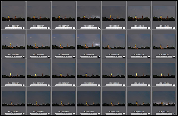 This is my contact sheet, see lightning in frames 4, 11, and 28 
