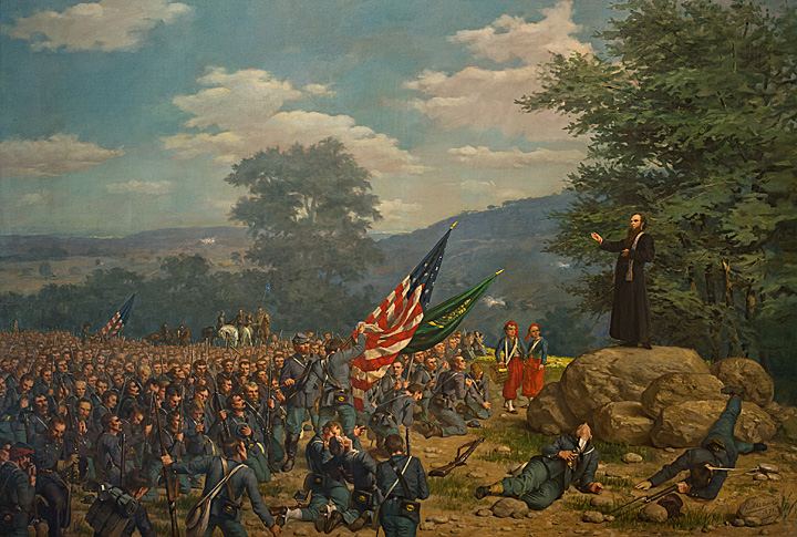Painting of Fr. Corby giving a general absolution to the Irish Brigade before the Battle of Gettysburg.  Painting was done in 1891 by Paul Wood, a Notre Dame student at the time. Photographed with permission from the Snite Museum of Art.