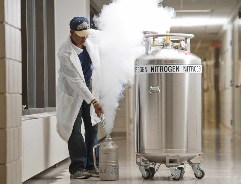 June 25, 2013; Sweet C. Robinson fills a liquid nitrogen container in Stepan Chemistry. Photo by Matt Cashore/University of Notre Dame (click on image to purchase)