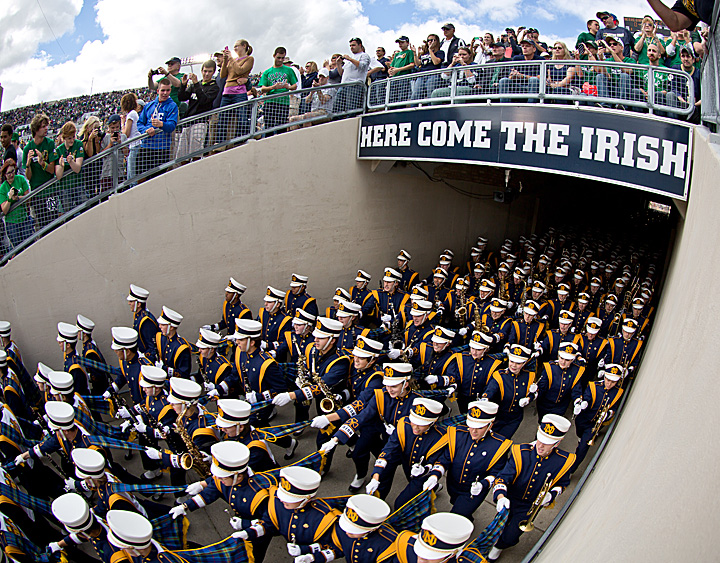 The Notre Dame Marching Band takes the field. 