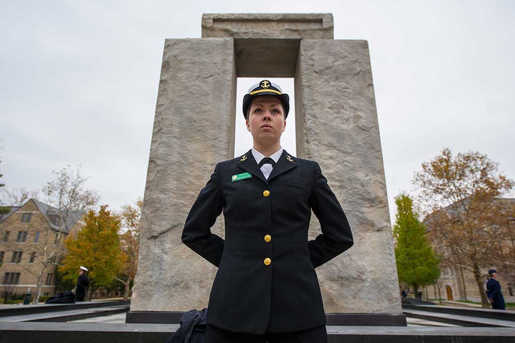 Nov. 11, 2013; Nov. 11, 2013; Cadets and midshipmen from the University’s Army, Navy and Air Force ROTC units participate in the Clarke Memorial Fountain vigil, standing guard from 4:30 p.m. Nov. 10 (Sunday) to 4:30 p.m. Nov. 11.. Photo by Barbara Johnston/University of Notre Dame 