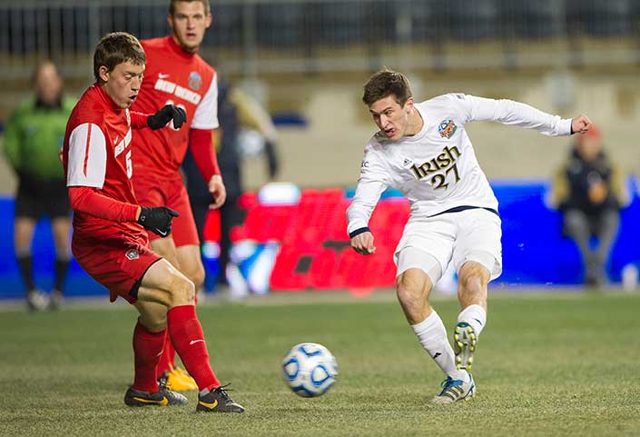 Dec. 13, 2013; Notre Dame midfielder Patrick Hodan scores against New Mexico in the first half of the College Cup semifinals at PPL Park in Chester, Pa. Photo by Barbara Johnston/University of Notre Dame
