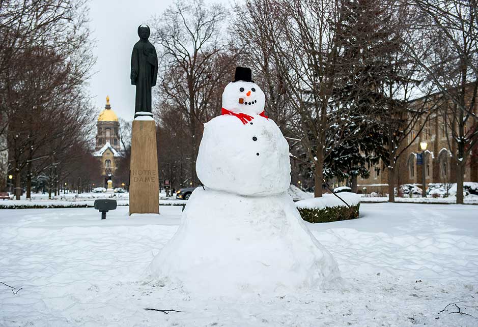 Dec. 15, 2013; Snowman at the main circle. Photo by Matt Cashore/University of Notre Dame 