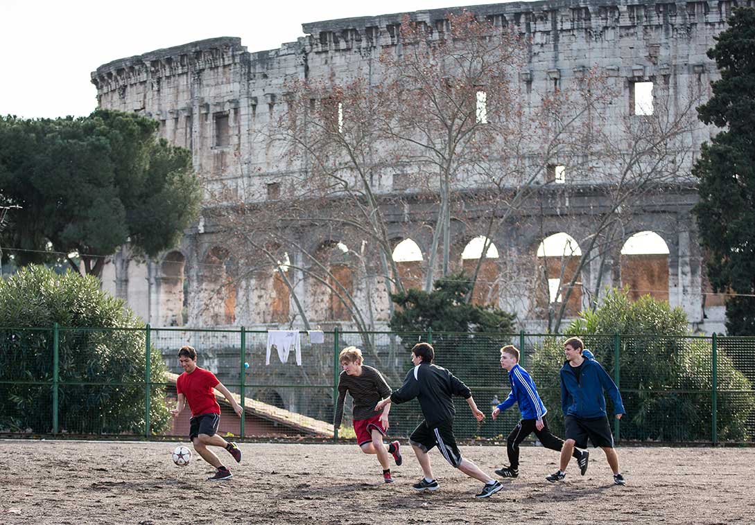 Undergraduate Architecture students take a break from their studio and class work to play a little soccer.  In the shadow of the Colosseum.  How cool is that?