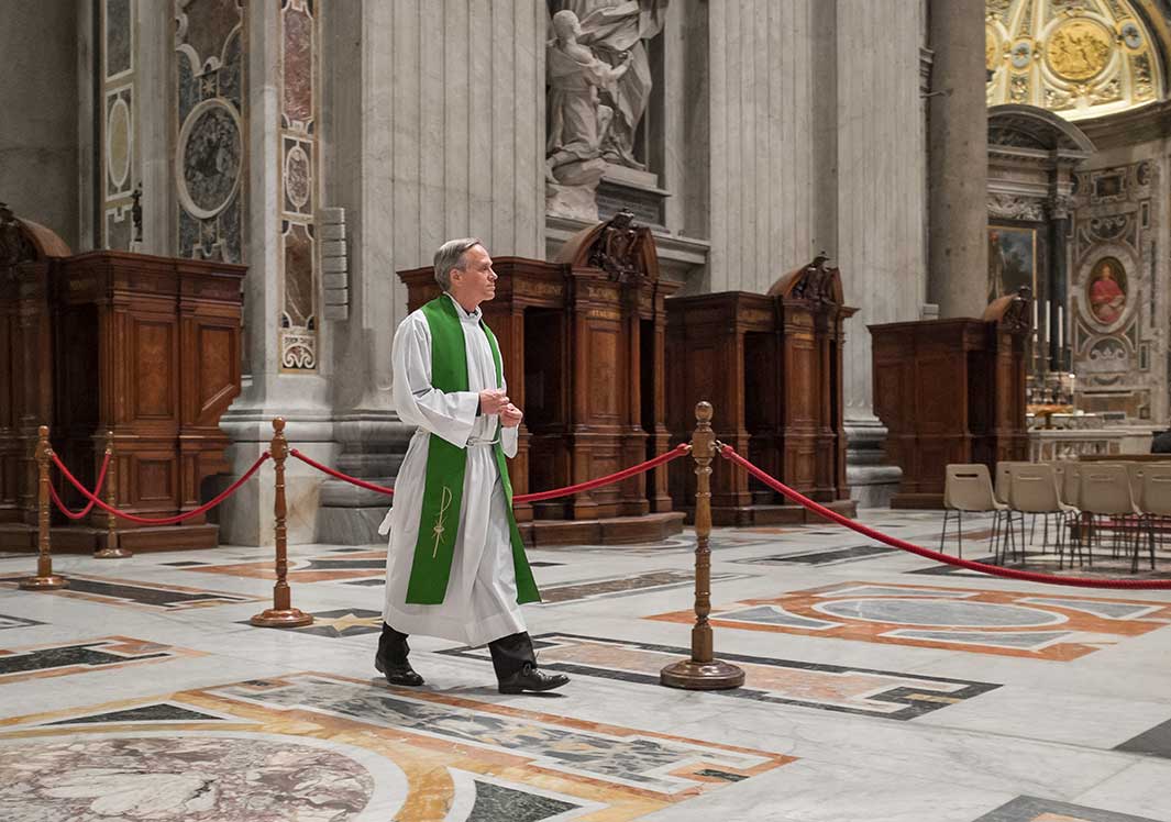 Fr. Jenkins takes a moment for some private reflection before Mass at St. Peter's Basilica.