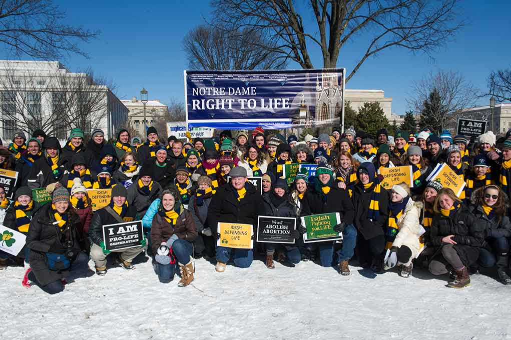Jan. 22, 2014; Students gather for a photo under the Notre Dame "Right for Life" banner before the 2014 March for Life in Washington, DC. Photo by Barbara Johnston/University of Notre Dame