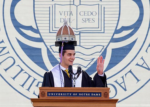 May 18, 2014; Mark Santrach, valedictorian of the 2014 graduating class, delivers the valedictory address during the University Commencement ceremonies in the Notre Dame Stadium. Photo by Barbara Johnston/University of Notre Dame Photo by Barbara Johnston/University of Notre Dame 
