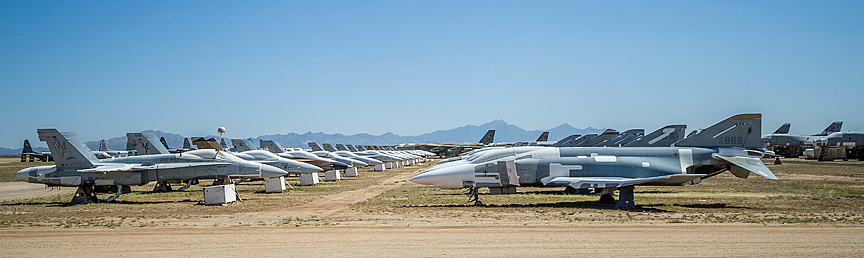 What do I do on my free time? Airplanes!! Here's a row of F/A-18 and F-4 jets stored in the famous Davis-Mothan AFB "boneyard."
