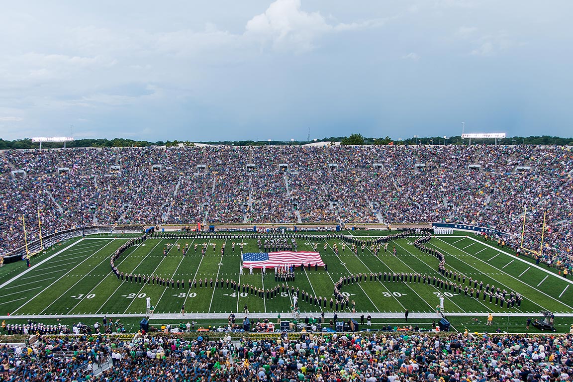 The Notre Dame Marching Band performs at halftime. Photo by Matt Cashore