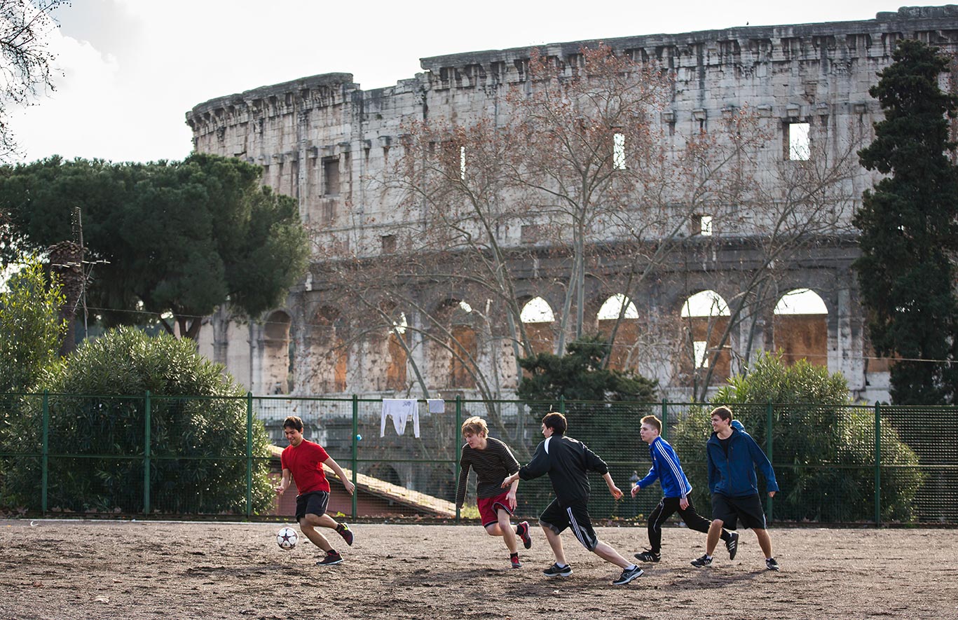 Jan. 28, 2014; Undergraduate School of Architecture students (from left to right) Eduardo Oronia, Andrew Packey, Chris Lattimer, Joseph Abbamonte, and Michael Langer play soccer next to the Colosseum, near the Notre Dame Rome Centre.