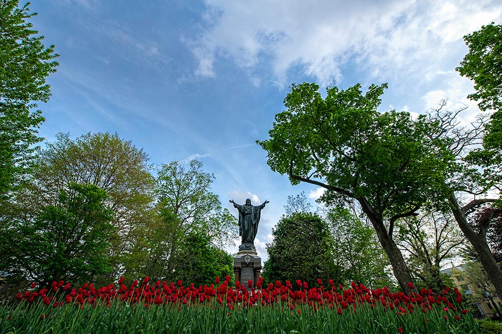 May 12, 2014; Sacred Heart of Jesus statue on Main Quad. Photo by Barbara Johnston/University of Notre Dame
