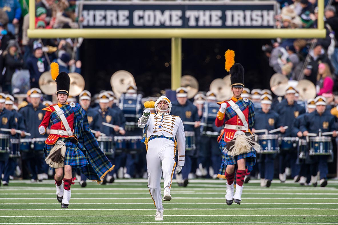 Nov. 15, 2014; The Notre Dame Marching Band takes the field before the football game against Northwestern. (Photo by Matt Cashore)