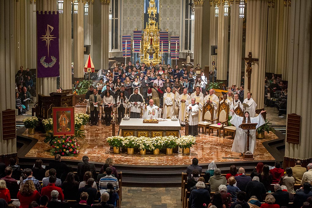 Dec. 12, 2014; A special bi-lingual Mass presided by Bishop Kevin Rhoades to celebrate the Feast of Our Lady of Guadalupe with the Notre Dame Folk Choir, Coro Primavera de Nuestra Senora, Mariachi ND and Ballet Folklorico in the Basilica of the Sacred Heart. (Photo by Barbara Johnston/University of Notre Dame)