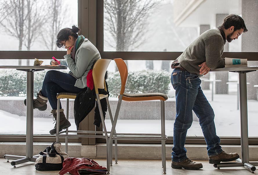 Feb. 18, 2015; Students study in the lobby of the Hesburgh Library. (Photo by Barbara Johnston/University of Notre Dame)