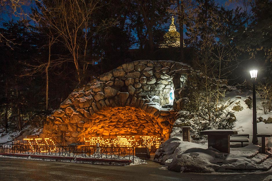 Feb. 27, 2015; Candles at the Grotto are arranged to spell "Ted" in reaction to the death of President Emertius Rev. Theodore M. Hesburgh, C.S.C. (Photo by Matt Cashore/University of Notre Dame)