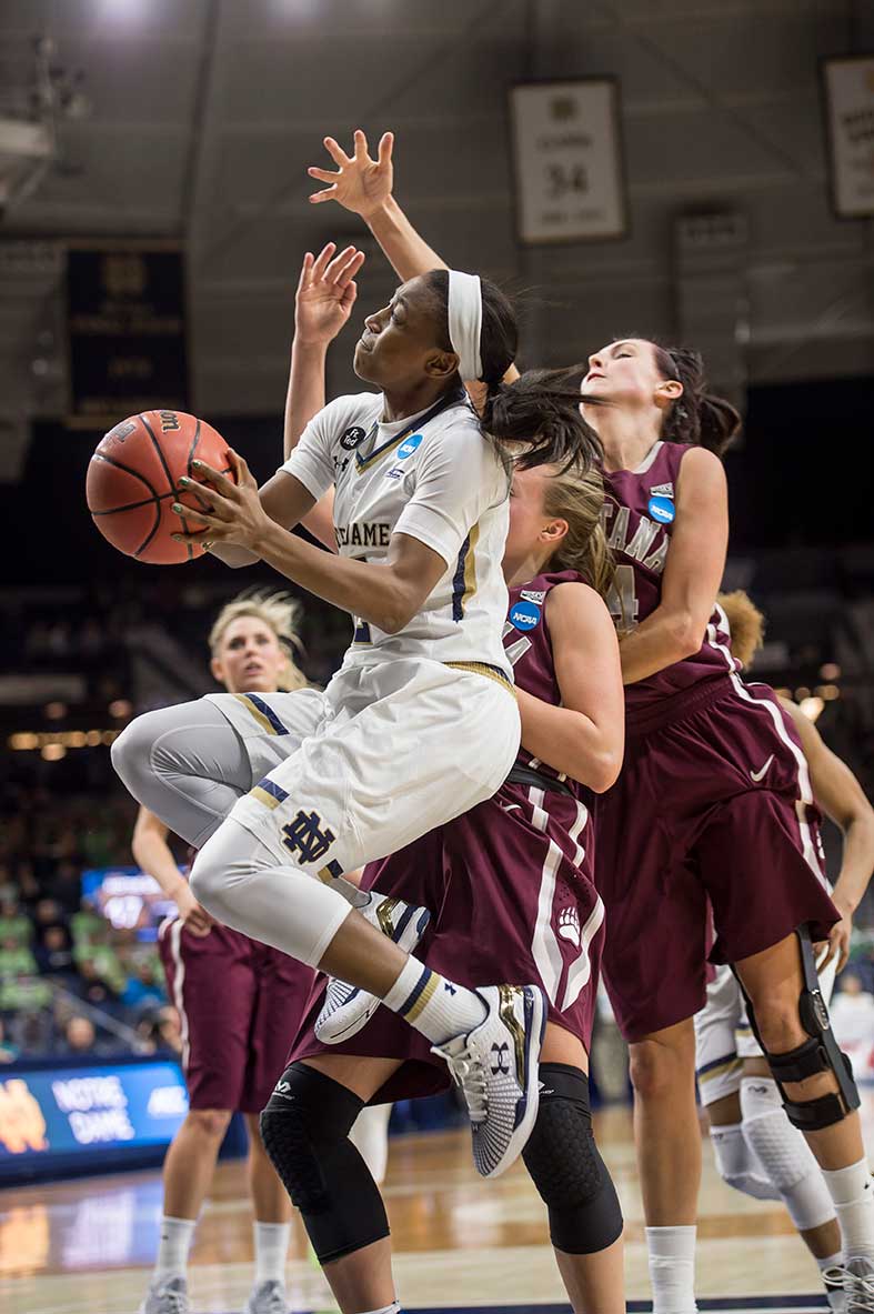 Mar. 20, 2015; Jewell Loyd takes a shot against Montana in the first round of the NCAA Tournament at the Purcell Pavilion. Notre Dame defeated Montana 77 to 43. Photo by Barbara Johnston/University of Notre Dame)