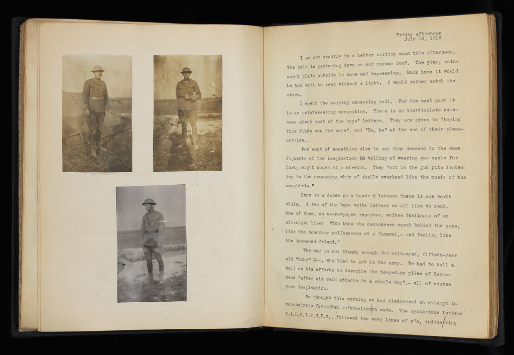 Opening, three full length portraits of soldiers at left (two and one), text from July 12, 1918, at right.