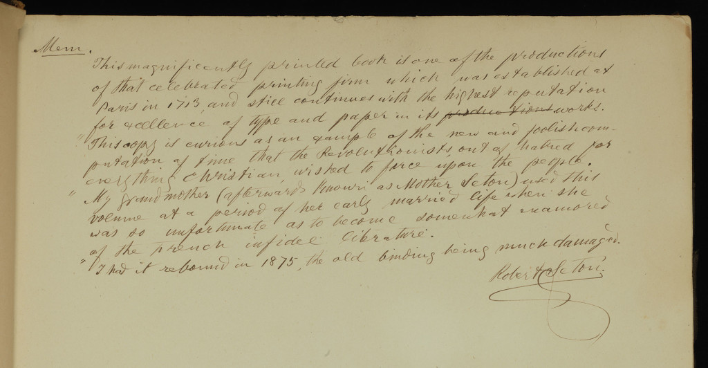 Inscription by Robert Seton in the 1795 copy of Jean-Jacques Rousseau's Du Contrat social house at Rare Books and Special Collections, Hesburgh Library, University of Notre Dame.
