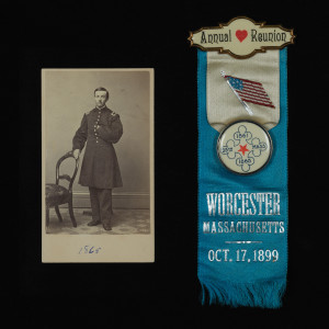 Carte-de-visite Portrait of Lt. James C. Woodworth, 1865, and 25th Massachusetts Infantry annual reunion ribbon, October 17, 1899.