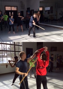 Charles Armstrong (top) and Michael Palmer (bottom) teach in John O'Hagan's stage fighting class.