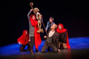 The witches (in red) in AFTLS's production of MACBETH  (pictured L-R): Joanna Bending, Annie Aldington, Ben Warwick, Michael Palmer, and Charles Armstrong