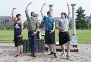 From left, Xavier Blevel, Anthony Murphy, Quint Mediate and Damian Leverett perform a ballet scene Thursday, July 9, 2015, during rehearsal outside the DeBartolo Performing Arts Center for the upcoming Notre Dame Shakespeare Festival's Young Company production of "Love's Labor's Lost." SBT Photo/GREG SWIERCZ