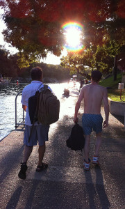 Chris Donnelly and Sam Collings walking into the Sunset at Barton Springs
