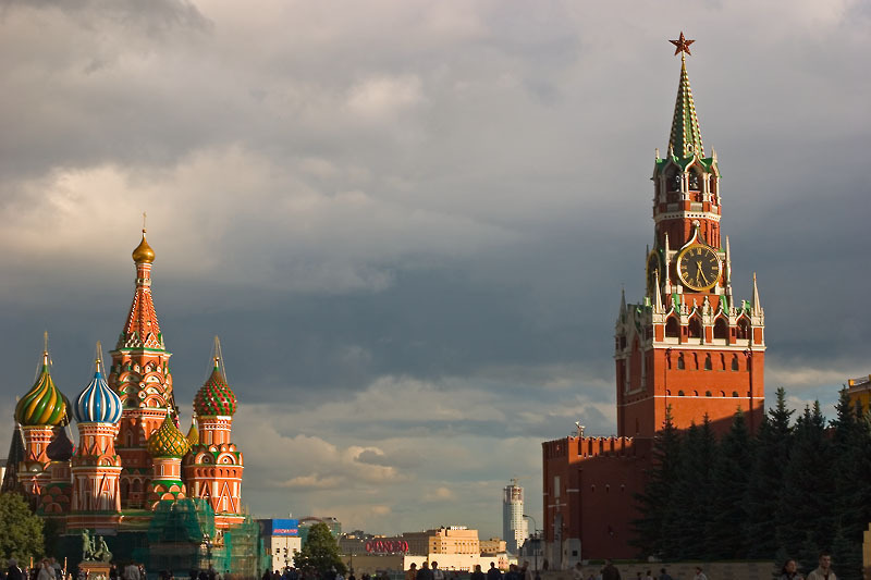 St. Basil's Cathedral and Spasskaya Tower of Kremlin, Red Square by Dmitry Azovtsev (Wikimedia)